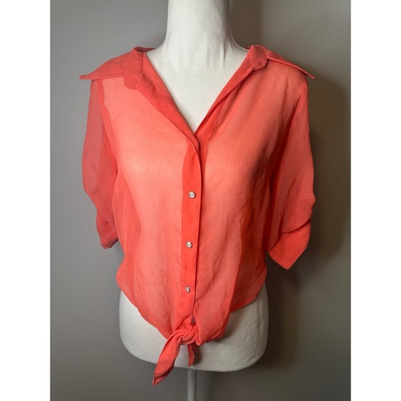 Sheer Orange Womens Button‎ Up top - Picture 1 of 6